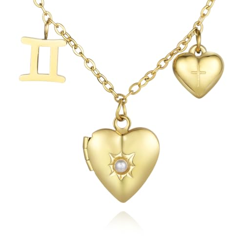 18K Gold Photo Lockets that Hold Picture,Heart Locket Necklace,Zodiac Symbol with Cross Heart Pendant,Locket Necklace for Women,Chain 20 Inch,Perfect Christmas Thanksgiving Gift for Her - color: Gemini (21/5-21/6)