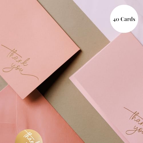 Paper Play Pink Thank You Cards with Envelopes, Gold Foil Text (40 Pack) | 5 x 3.5", Pink Textured Surface, Heavyweight Cardstock, Matching Gold Foil Stickers, For Baby Shower, Wedding, Bridal Shower, - color: Pink Tones