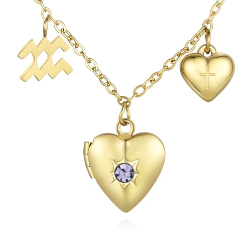 18K Gold Photo Lockets that Hold Picture,Heart Locket Necklace,Zodiac Symbol with Cross Heart Pendant,Locket Necklace for Women,Chain 20 Inch,Perfect Christmas Thanksgiving Gift for Her - color: Aquarius (20/1-18/2)