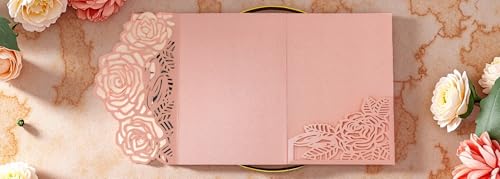 Laser Cutting Invitation Card Greeting Card Graduation Party Rose Flower Wedding Birthday Party Invitations Invitation Pocket With Envelope (Champagne Gold) | Laser-cut rose flower glitter cards for graduation, wedding, birthday, or party. Includes 20 poc