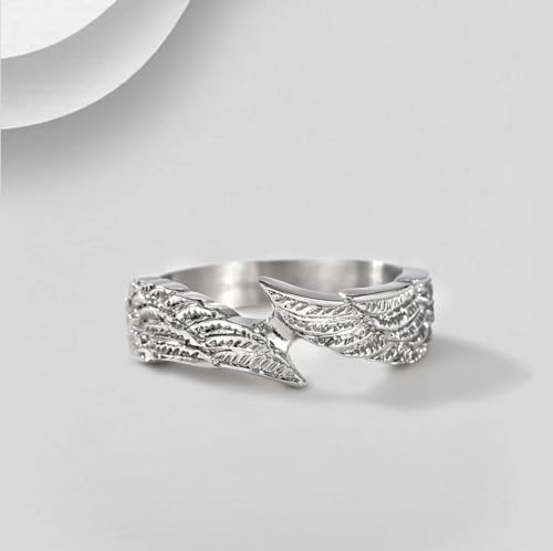 TIGRADE Antique Stainless Steel Ring Feather Angel Wing Cast Black Silver Band Size 4.5-14.5 - color: Silver