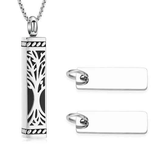 Tree of Life Urn Necklace, Stainless Steel Memorial Ashes Pendant | Tree of Life Cremation Jewelry Stainless Steel Locket Vertical Bar Keepsake Necklace Jewelry for Women Men Human Ashes - color: Customize