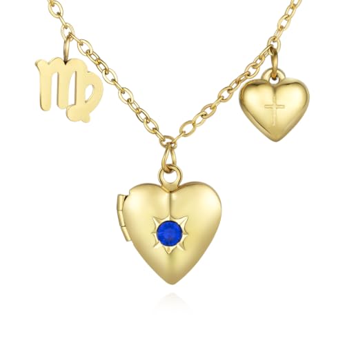 18K Gold Photo Lockets that Hold Picture,Heart Locket Necklace,Zodiac Symbol with Cross Heart Pendant,Locket Necklace for Women,Chain 20 Inch,Perfect Christmas Thanksgiving Gift for Her - color: Virgo (23/8-22/9)