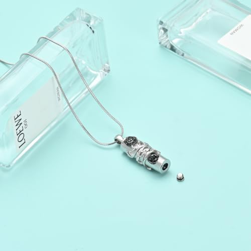 Cylinder Urn Necklace for Ashes Roseflower Cremation Jewelry Urn Ashes Necklace for Women Men Memorial Keepsake Necklace of Loved One - color: Silver-Black