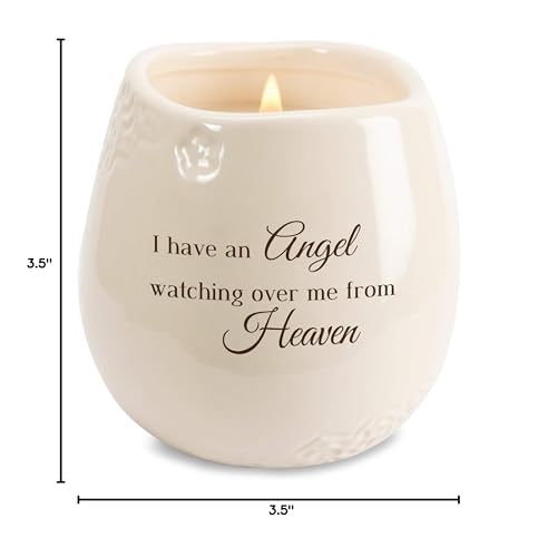 Pavilion Light Your Way Memorial Ceramic Vessel - 100% Soy Wax Candle with "I Have an Angel Watching Over Me From Heaven" Text, Decorative Soy Filled Candle, Scent of Tranquility, 8 oz, White - style: In Memory, Angel Watching