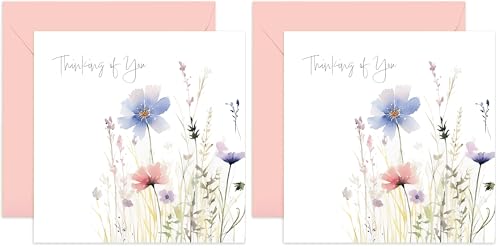 Old English Co. Sympathy Greeting Card for Loved Ones - 'Thinking of You' Painted Floral Flower Meadow Sympathy Card - Thinking of You Card for Men and Women | Blank Inside Envelope (Pack of 2) - size: 150x150mm (Pack of 2)