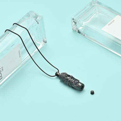 Cylinder Urn Necklace for Ashes Roseflower Cremation Jewelry Urn Ashes Necklace for Women Men Memorial Keepsake Necklace of Loved One - color: Black