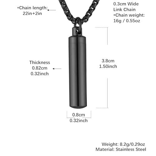 HZMAN Urn Necklace for Ashes High Polished Stainless Steel Gold Cremation Memorial Cylinder Pendant Necklace Jewelry Gift - color: Black