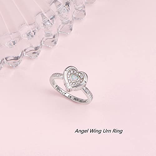 925 Sterling Silver Lab Opal Heart Urn Ring for Ashes Angel Wings Cremation Jewelry Memorial Keepsake Rings for Women Girls Easter Gifts