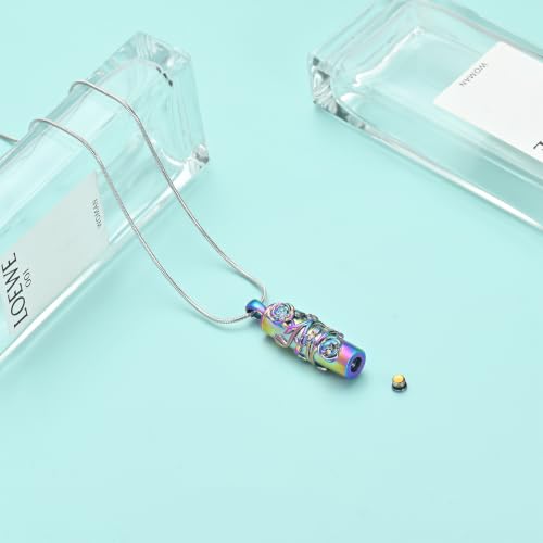 Cylinder Urn Necklace for Ashes Roseflower Cremation Jewelry Urn Ashes Necklace for Women Men Memorial Keepsake Necklace of Loved One - color: Rainbow