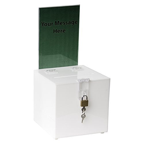 Clear-Ad - Acrylic Donation, Ballot, Raffle or Suggestion Box with Lock and Removable Sign Holder - Plastic Comment or Compaint Container - Plexiglass Multipurpose Box with Slot - White (6x6) - size: 6 x 6 White