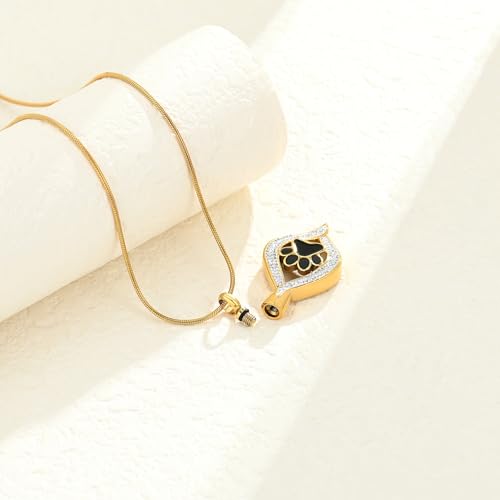 The Eye of My Heart Paw Print Urn Necklace for Ashes | stainless steel cremation jewelry, holds pet human ashes, paw print memorial urn pendant, leak-proof sealed design, unisex - color: Gold