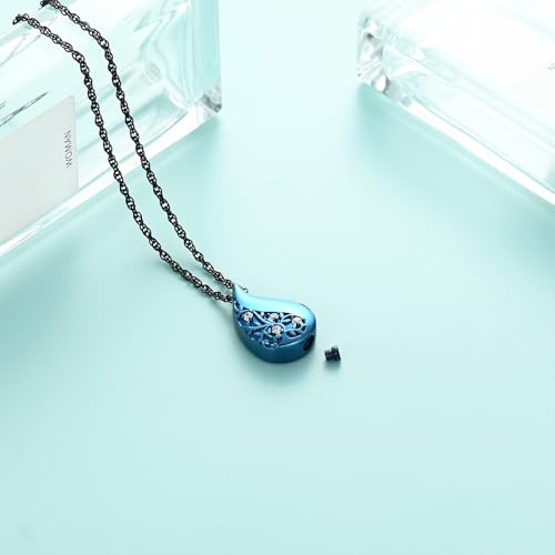 Tree of Life Teardrop Urn Necklace for Ashes Teardrop Crystal Cremation Jewelry Celtic knot Ashes Pendant Stainless Steel Keepsake Memorial Jewelry for Women Men - color: Blue