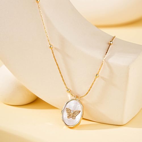 Gold Locket Necklace for Women, Vinatge Heart Oval Butterfly Angel Engraved Pendant that Holds Picture Photo Locket Memorial Necklace Personalized Jewelry Birthday Gifts - color: Oval Butterfly
