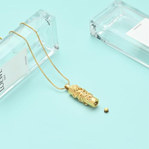 Cylinder Urn Necklace for Ashes Roseflower Cremation Jewelry Urn Ashes Necklace for Women Men Memorial Keepsake Necklace of Loved One - color: Gold