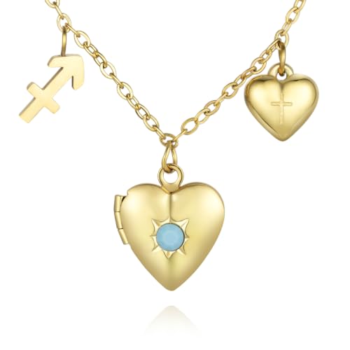 18K Gold Photo Lockets that Hold Picture,Heart Locket Necklace,Zodiac Symbol with Cross Heart Pendant,Locket Necklace for Women,Chain 20 Inch,Perfect Christmas Thanksgiving Gift for Her - color: Sagittarius (23/11-21/12)