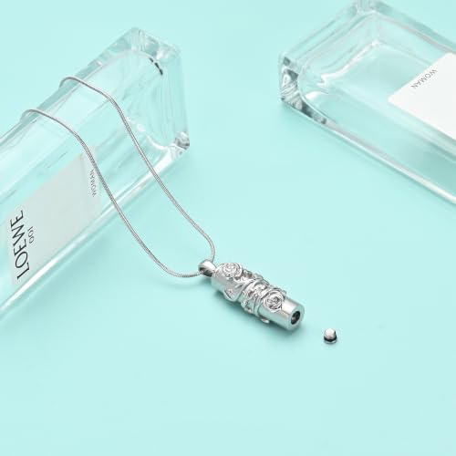Cylinder Urn Necklace for Ashes Roseflower Cremation Jewelry Urn Ashes Necklace for Women Men Memorial Keepsake Necklace of Loved One - color: Silver