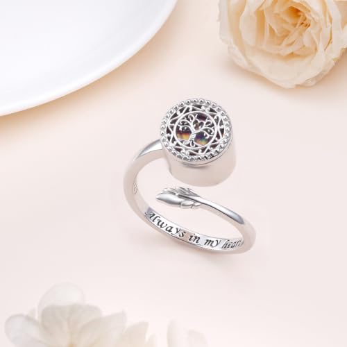 Tree of Life Urn Ring for Ashes 925 Sterling Silver Cremation Ring | Adjustable Family Tree with Opal Memorial Keepsake Jewelry Always in My Heart Cremation Ash Open Ring for Women