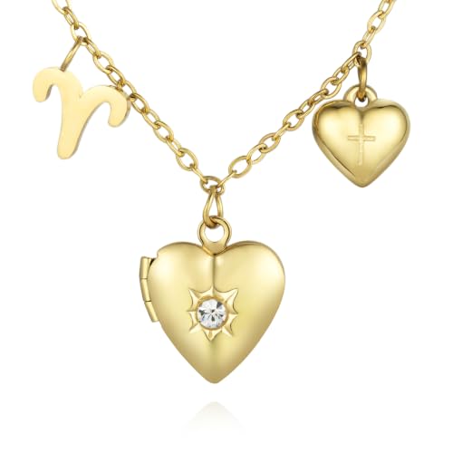 18K Gold Photo Lockets that Hold Picture,Heart Locket Necklace,Zodiac Symbol with Cross Heart Pendant,Locket Necklace for Women,Chain 20 Inch,Perfect Christmas Thanksgiving Gift for Her - color: Aries (21/3-19/4)