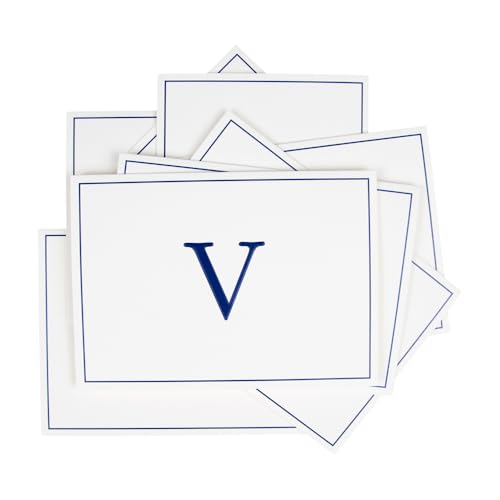 Caspari Navy Embossed Initials Boxed Note Cards in Letter V, 8 Cards & Envelopes - color: Navy V