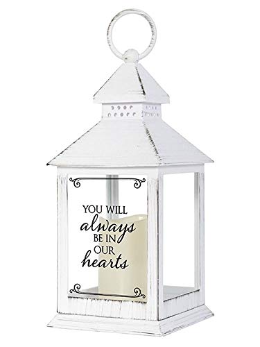 Distressed White Memorial Lantern with Flameless Candle (Always in Our Hearts)