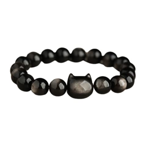 Pingyongchang Natural Black Obsidian Bracelet, Crystal Cat Beaded Bracelets for Women Men, Stretch Bracelet 8mm Stretch Elastic Bracelets - color: silver