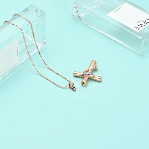 Butterfly Cross Urn Necklace for Ashes Birthstone Cremation Jewelry for Men Women Ashes Pendant Keepsake Memorial Ash Jewelry - color: Rosegold-Purple