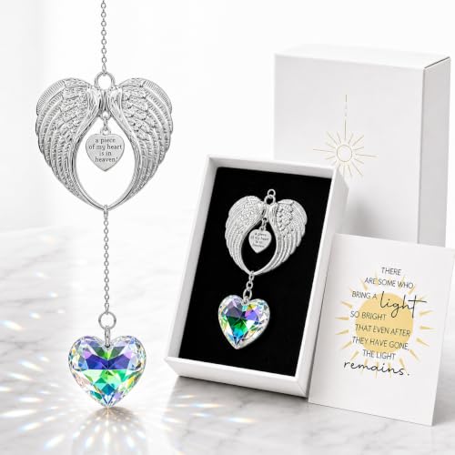 Memorial Suncatcher Gift for Loss of Mom, Crystal Angel Wings Sun Catcher | Gift for Loss of Mom, Windows, Sympathy Gift for Loss of Loved One, Bereavement Remembrance Grief for Women, Heart