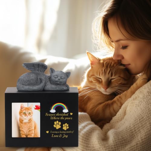 Cat Urns for Ashes, Rainbow Bridge Pattern Black Wooden Keepsake