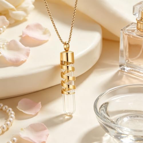 Oinsi Clear Glass Tube Cremation Urn Jewelry Ashes Holder Necklace Keepsake Memorial Pendant Including Box/Fill Kits - color: Gold1