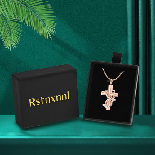 Butterfly Cross Cremation Jewelry Urn Necklaces Stainless Steel Cross Urn Necklaces for Ashes Memorial Keepsake Pendant for Women Gifts With Funnel Kit & Bag - color: Rose+White