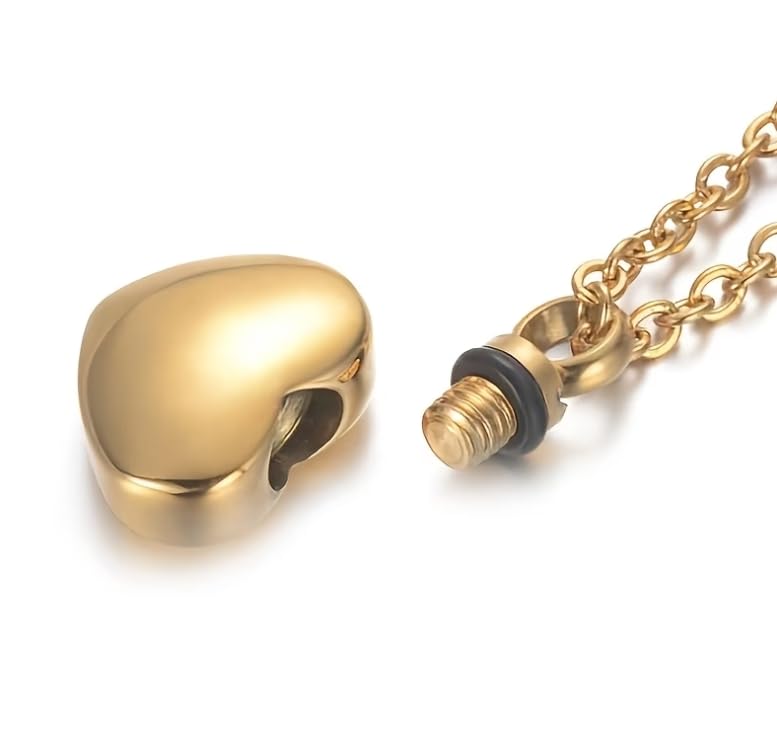 Gold Heart Urn Necklace for Ashes, Gold Stainless Steel Cremation Jewelry with Angel Wing Charm, Waterproof Memorial Keepsake Pendant, 22 Inch Chain with Lobster Clasp & Filling Funnel