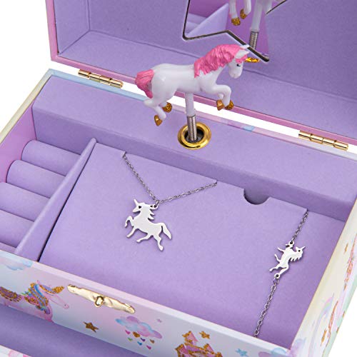 Jewelkeeper Jewelry Box for Girls with Drawer - Spinning Unicorn Doll to The Beautiful Dreamer Tune Music Box - Little Girls' Jewelry Set Includes Unicorn Bracelet and Necklace - 5Dx7Wx4H Inches