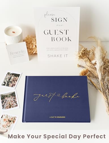Wedding Guest Book, Polaroid Photo Guestbook for Baby Shower, Blank Pages | Table Sign Included, Gold Stamping, Hardcover, 9x7.5", Perfect for Bridal Party & Baby Shower, Navy - color: Navy