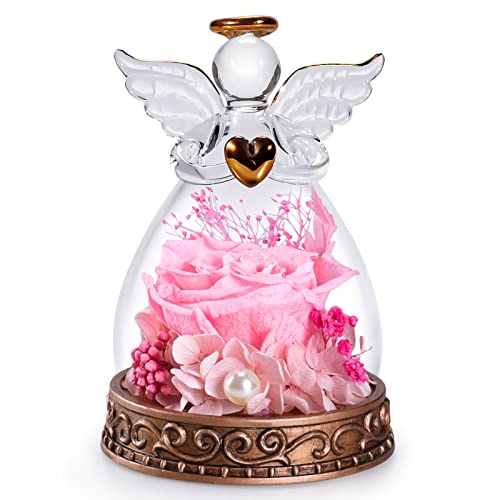 Preserved Real Rose in Glass Angel Figurine with LED Light, Angel Gifts for Women, Mom, Grandma on Mother's Day Christmas Birthday (Pink) - color: Pink