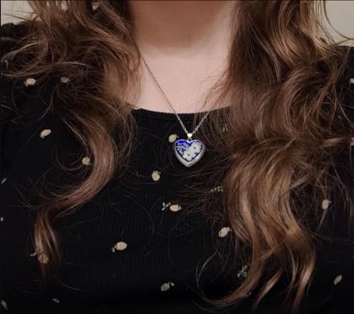 Handmade Heart Shaped Dried Pressed Forget Me Not Flower Photo Locket Pendant Necklace - color: Silver, style: WHITE+ROYAL BLUE