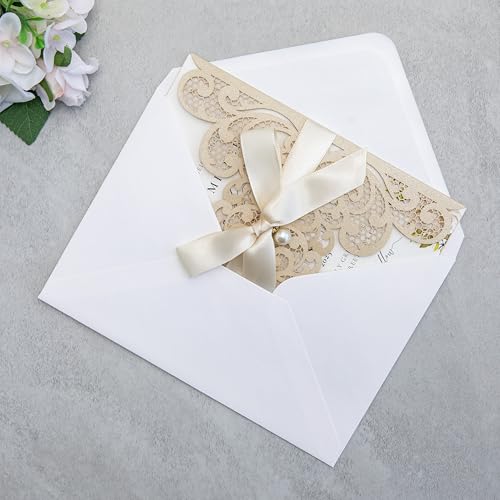 20Pcs Champagne Laser Cut Wedding Invitation Cards With Envelopes - color: Champagne
