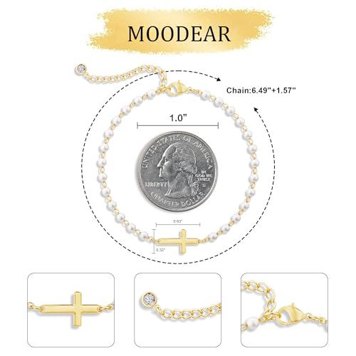 Moodear Cross Bracelet for Women, Dainty Sterling Silver/Gold Plated Gift | Christian Religious Gifts for Teen, Stocking Stuffers, Adjustable Link Bracelets, Sparkling CZ Cross, Non Tarnish Jewelry - color: Pearl Gold Cross Bracelet