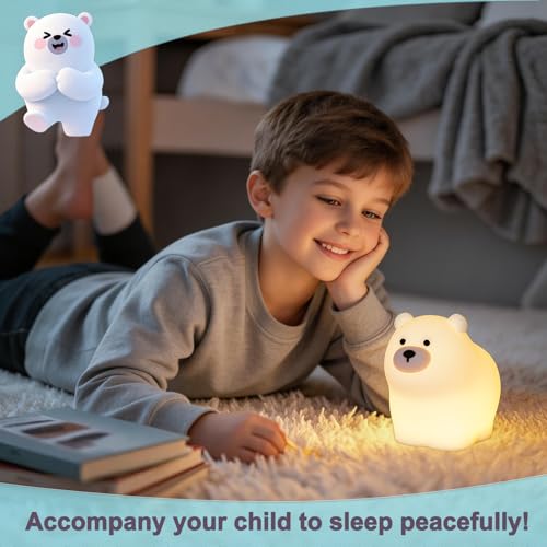 Polar Bear Night Light, Bear Gifts, Cute Soft Silicone Squishy LED Lamp with 7 RGB Colors, Dimmable, Timer, Touch Control, Kids' Bedroom Decor - style: Polar Bear