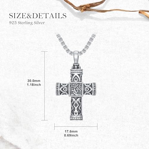 925 Sterling Silver Urn Necklace for Ashes, Teardrop/Tree of Life/Sunflower/Dragonfly/Sea Turtle/Celtic Knot/Elephant/Hummingbird Memorial Cremation Pendant Necklaces for Animal Human Ashes - color: A1: Tree of life-Cross
