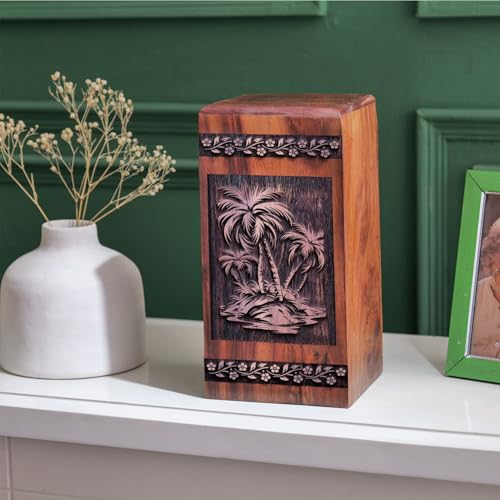 Palm Trees - Wooden Urn - Memorial Urns for Mom & Dad - 10X5.5 Inch - 180 Cubic Inches - Burial Urns for Human Ashes - Human Remains Urn - Burial Urns for Male & Female - Large Cremation Urns