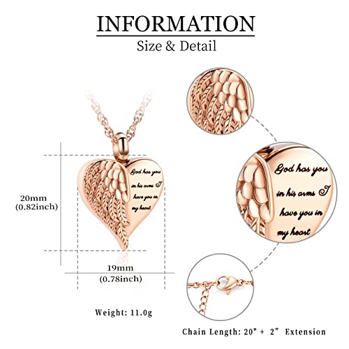 shajwo Cremation Heart Urn Necklace Ashes Jewelry for Women Men Keepsake Pendant Memorial Locket Ash Holder - color: Wing-Rose Gold