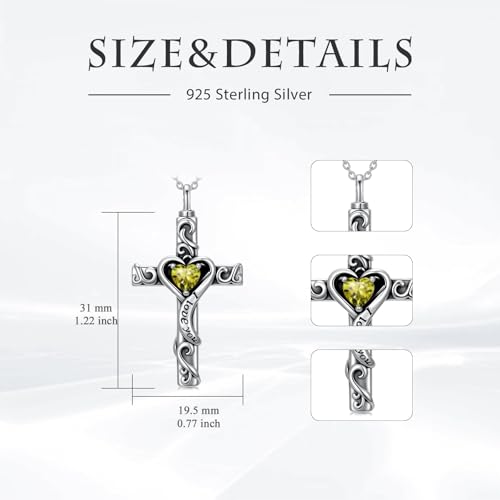 TOUPOP Cross Urn Necklaces for Ashes Birthstone Cremation Jewelry 925 Sterling Silver Cross Memorial Keepsake Jewelry for Women (with Funnel Filler) - color: 08-August-Peridot