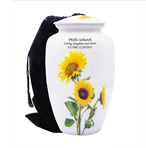 Sunflower Cremation Urn, Large Human Ash Urn with Matching Keepsake, Velvet Bag and Custom Engraving - size: Large
