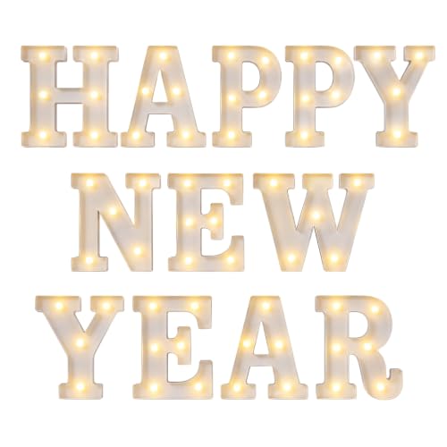 12 Pcs Happy New Year Decorations 2027 New Year's Eve Light up Signs Battery Powered LED Letter Lights for Wall Shelf Table 2027 Midnight Celebration Party Supplies Winter Home Decor - style: Happy New Year
