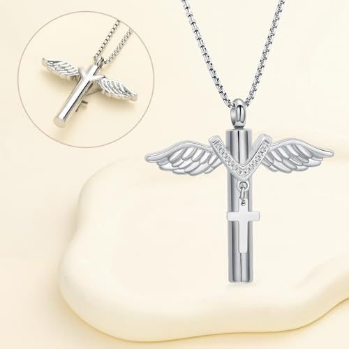 Oinsi Black Cross Urn Necklace For Ashes Of Loved Ones With Birthstone Always In My Heart Cremation Jewelry Keepsake Pendant Women Men - color: Z-Silver