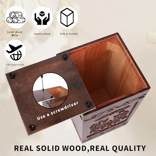 Elegant Tree of Life Wooden Urn for Human Ashes Adult – Full Size 300 Cubic Inches, Handcrafted Solid Wood Cremation Urn (11.3” H), TSA Approved Memorial Urn for Mom, Wife or Loved One
