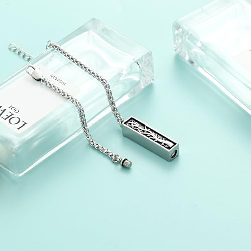 Tree of Life Urn Bracelets for Men Women Cylinder Bar Cremation Jewelry for Ashes Stainless Steel Adjustable Memorial Keepsake Bangle - color: Silver