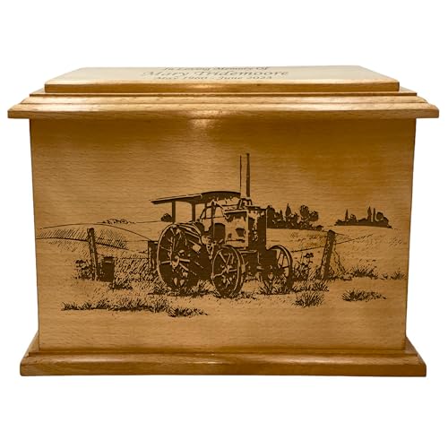 Wooden Urn for Human Ashes, Large Funeral Cremation Urn with Personlaization and Multiple Designs (Old Tractor)