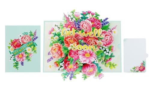 Peony Get Well Soon Cards Pop Up, 3D Encouragement Get Better Soon Card, Colorful Thinking of you 3D for Speedy Surgery Recovery, Feel Better Soon, Kids, Friends (Peony GW) - color: Peony Get Well Soon
